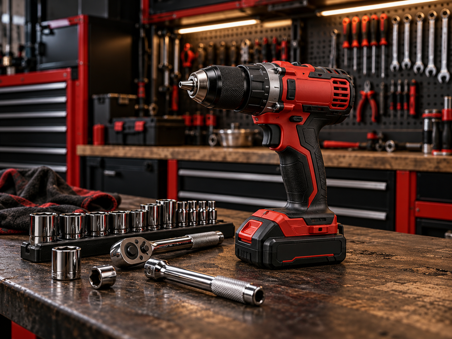 Red and black cordless drill, sockets and ratchet on a workshop bench
